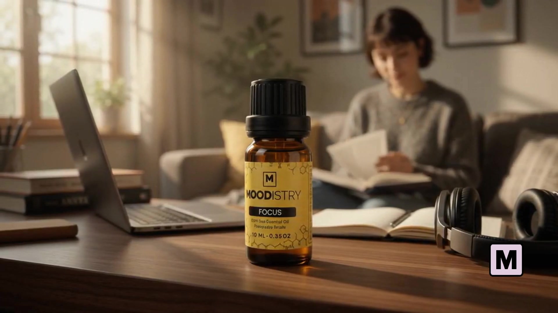 Moodistry Focus oil on a walnut desk with a student reading in the background
