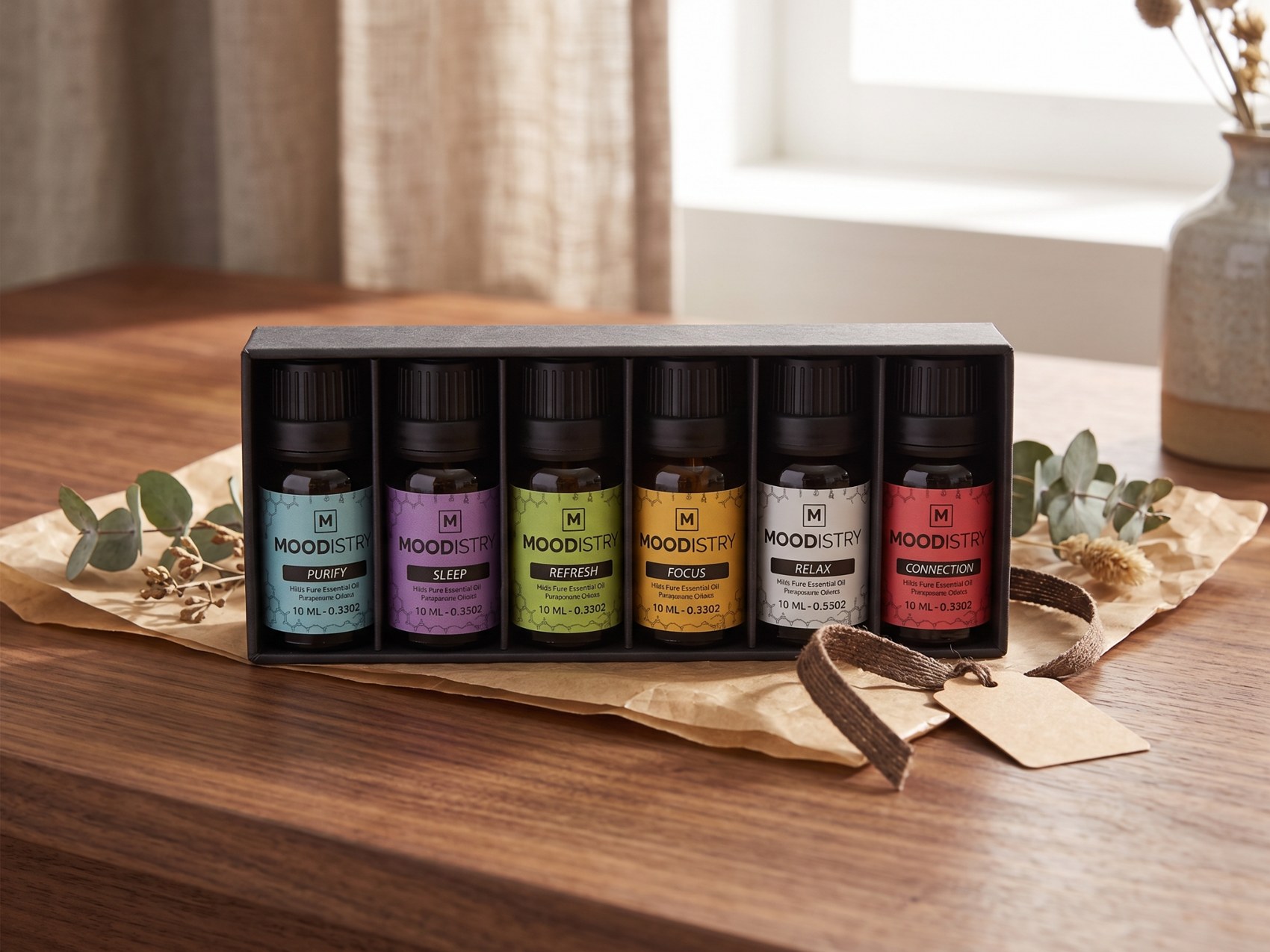 Moodistry six-oil gift box containing Purify, Sleep, Refresh, Focus, Relax, and Connection bottles